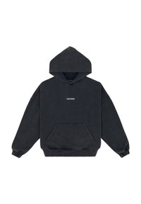 Felpa nera con cappuccio, design oversize e tasca frontale. Presenta un logo testuale bianco discreto nella zona del petto. Tessuto morbido.