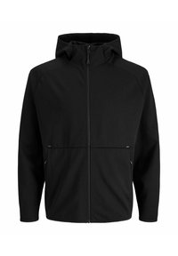 Sweat à capuche noir à fermeture éclair, avec une capuche, fabriqué dans un tissu lisse. Comprend deux poches latérales et un design simple sans motifs ni accents visibles.