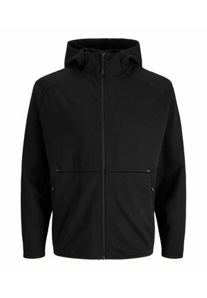 Juodas džemperis su užtrauktuku ir gobtuvu, pagamintas iš lygaus audinio. Turi du šoninius kišenes ir paprastą dizainą be matomų raštų ar akcentų.