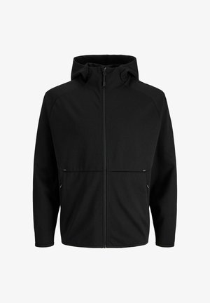 Juodas džemperis su užtrauktuku ir gobtuvu, pagamintas iš lygaus audinio. Turi du šoninius kišenes ir paprastą dizainą be matomų raštų ar akcentų.