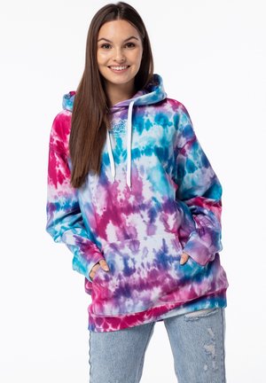 Tie-Dye-Hoodie mit Pink-, Blau- und Lila-Farben. Hergestellt aus weichem Stoff mit einer vorderen Tasche und verstellbarem Kordelzugkapuze.