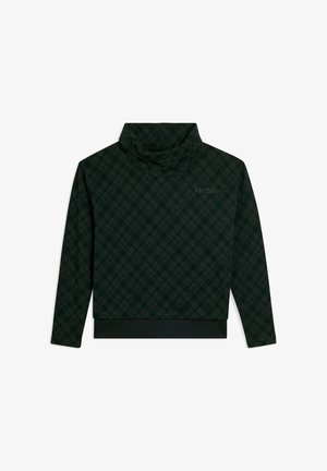 Jersey de cuello alto de color verde oscuro con un patrón texturizado, mangas largas y un dobladillo ajustado. Presenta un sutil detalle de logo en la parte delantera.