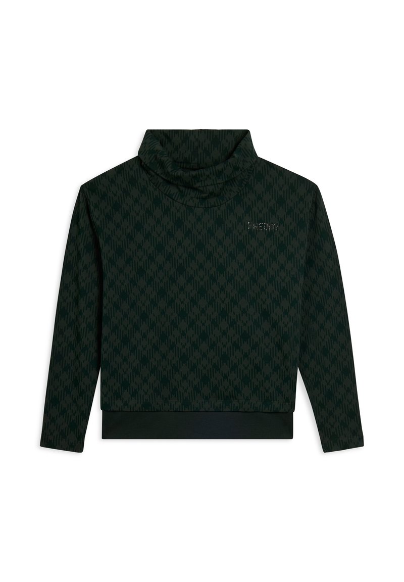 Pullover verde scuro con collo alto e motivo texturizzato, maniche lunghe e orlo aderente. Presenta un sottile dettaglio del logo sul davanti.