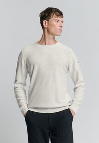 Lichtgrijze trui met ronde hals, gemaakt van zachte stof. Heeft lange mouwen, geribbelde manchetten en tailleband, met een logodetail op de mouw.