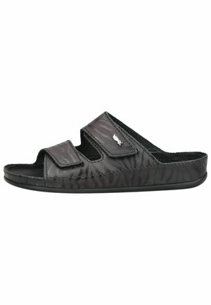 Sandalo slide nero con due cinturini regolabili e un delicato motivo zebra, punta aperta e suola piatta.