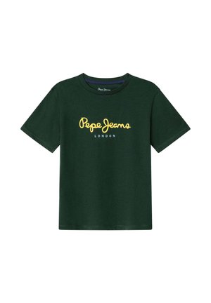 T-shirt verde scuro a maniche corte con scritta gialla "Pepe Jeans" e testo bianco "London" centrato sul petto.