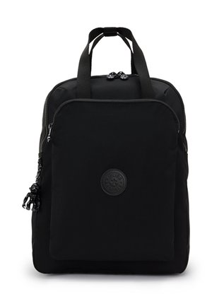 Black nylon backpack with dual top handles, a front zip pocket, and a round brand logo. Smooth texture and sleek rectangular design.