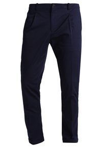 Granatowe spodnie wykonane z gładkiego materiału, z dopasowanym krojem, zaszewkami z przodu, bocznymi kieszeniami oraz zapięciem na guzik dla pewnego noszenia.
