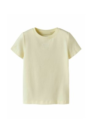 Light yellow short-sleeve crew neck T-shirt with small embroidered text "spread love" centered on the chest.