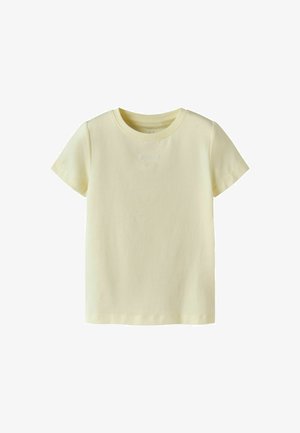 Light yellow short-sleeve crew neck T-shirt with small embroidered text "spread love" centered on the chest.