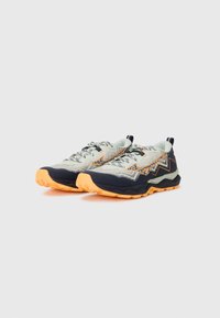 Lightweight hiking shoes with a grey mesh upper, navy accents, and bright orange outsole. Features textured patterns and durable laces.