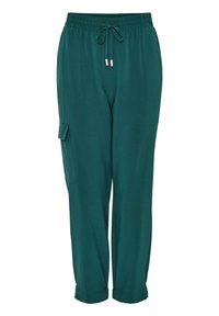 Pantalon décontracté vert sarcelle avec ceinture élastique, cordon de serrage, poche latérale à rabat et ourlets retroussés.
