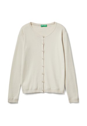 Světle béžový cardigan vyrobený z měkké pletené látky. Obsahuje kulatý výstřih, zapínání na knoflíky a žebrované manžety a lem. Klasický design.