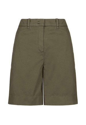 Khaki szorty wykonane z gładkiego materiału. Mają prosty krój, płaski przód i szlufki na pasek. Wykończone na wysokości kolana, bez widocznych wzorów.