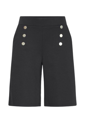 Shorts noirs jusqu'au genou avec une large ceinture et trois boutons argentés verticaux de chaque côté avant.