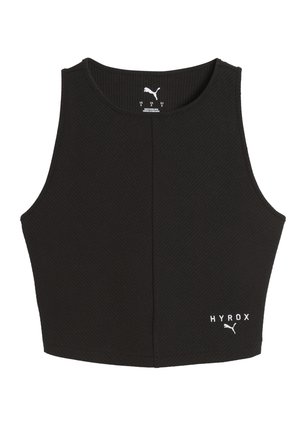 Black cropped tank top made of ribbed fabric. Features a round neckline and logo "HYROX" in white on the bottom right.