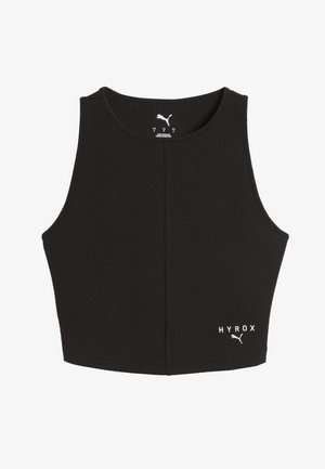 Débardeur court noir en tissu côtelé. Présente un col rond et le logo "HYROX" en blanc en bas à droite.