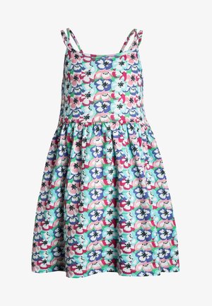Ærmeløs pigekjole med indsnøring i taljen, med et farverigt blomsterprint i pink, blå, grøn og hvid.