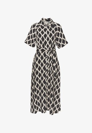 Schwarz-weißer gemusterter Hemdkleid mit kurzen Ärmeln, Kragen, Knopfverschluss vorne und einem gebundenen Taillengürtel. Glatte Stofftextur.