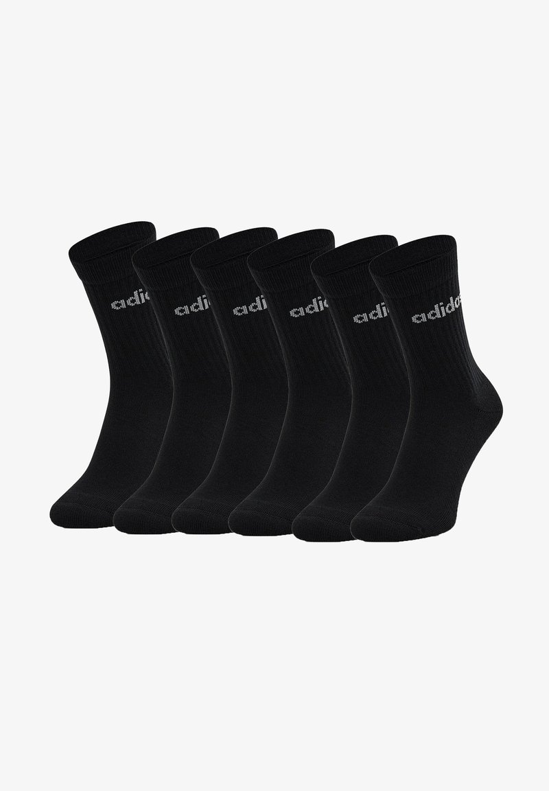 Schwarze Baumwollsocken, sechs Paar, gerippte Textur, Knöchellänge, mit einem grauen adidas-Logo auf jeder Socke. Minimalistisches Design, keine Muster.