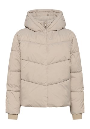 Šviesiai rudos pūkinės striukės su kapišonu, su užtrauktuku priekyje, nusagstytu dizainu ir grotelėmis rankogaliuose, pagamintos iš lengvos, šiltos medžiagos.