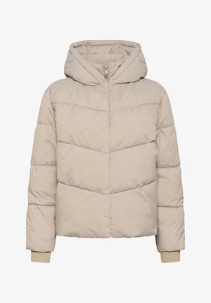 Beige pufferjack met een capuchon, voorzien van een ritssluiting aan de voorkant, een doorstikt ontwerp en geribbelde manchetten, gemaakt van lichtgewicht, geïsoleerd materiaal.