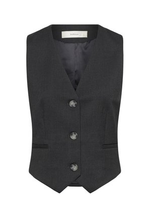 Gilet grigio scuro realizzato in tessuto intrecciato, con scollatura a V profonda, tre bottoni sul davanti e due tasche laterali. Fodera interna liscia.