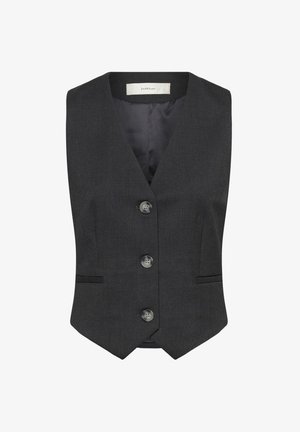 Gilet grigio scuro realizzato in tessuto intrecciato, con scollatura a V profonda, tre bottoni sul davanti e due tasche laterali. Fodera interna liscia.