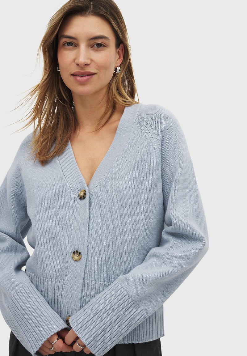 Cardigan en maille bleu clair avec un décolleté en V profond, des poignets côtelés et une fermeture à boutons sur le devant. Présente des accents texturés et une coupe décontractée.
