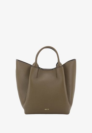 Brown leather tote bag with a textured surface, rounded handles, and a minimalist design. Features a gold embossed logo at the base.