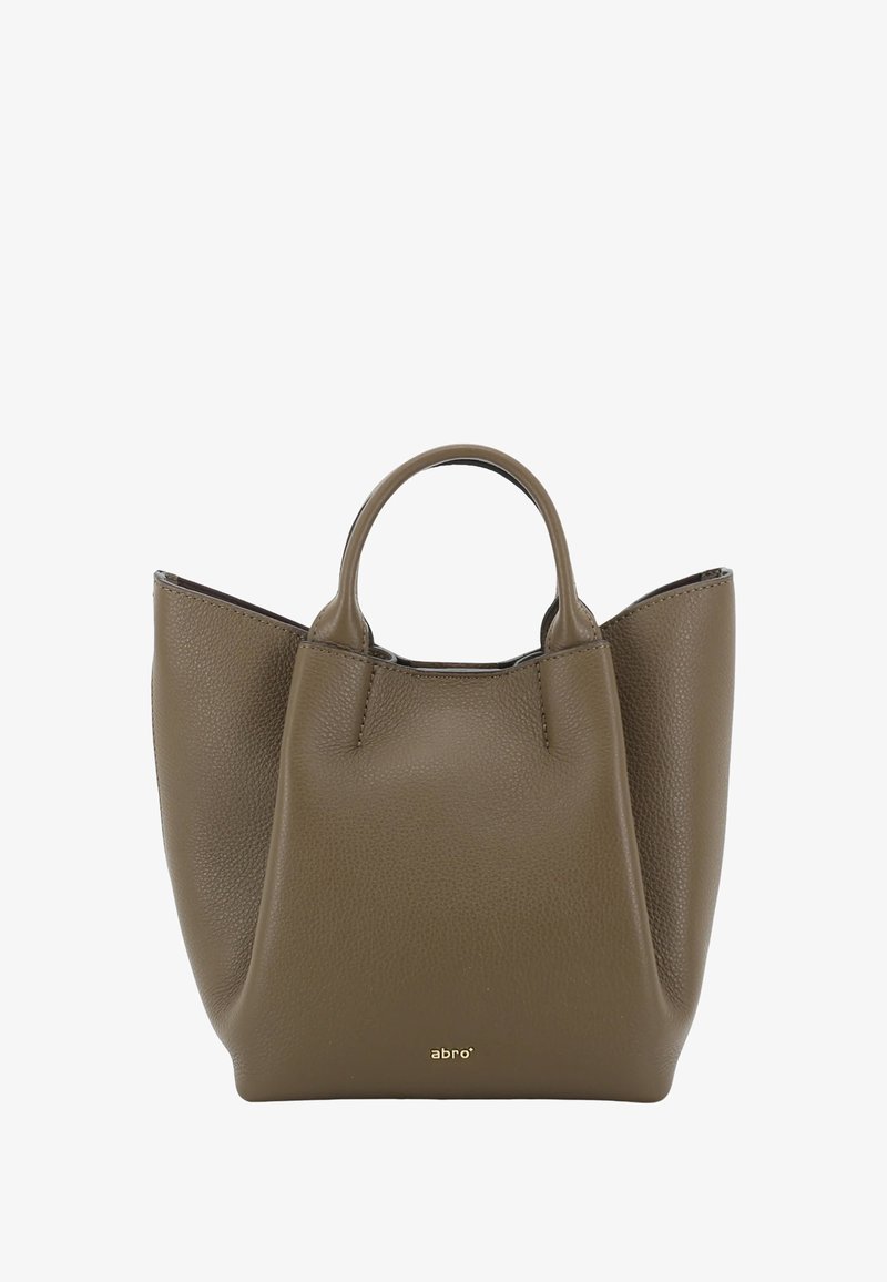 Brown leather tote bag with a textured surface, rounded handles, and a minimalist design. Features a gold embossed logo at the base.