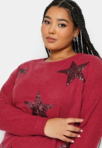 Röd ribbad tröja med stora paljetter i stjärnform. Mjuk textur med rund halsringning och långa ärmar. Distinkta stjärnprydnader.
