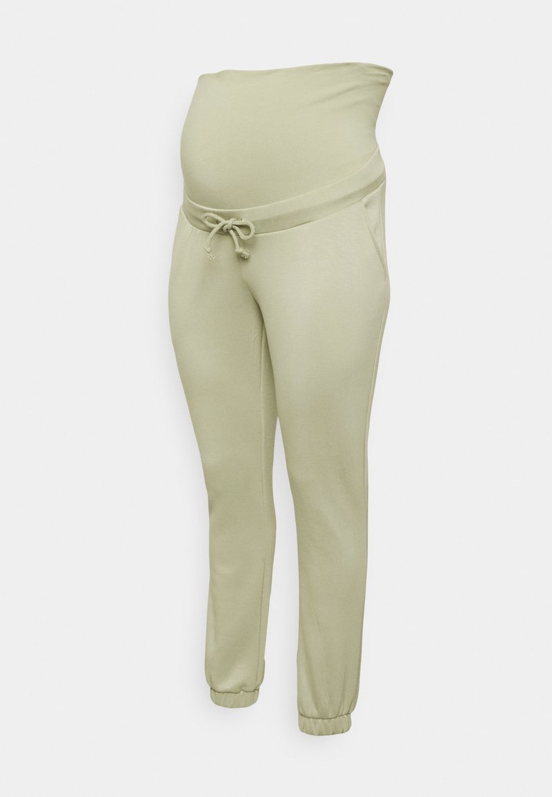 Calças de maternidade em verde claro, com uma cintura elástica larga, cordão ajustável, dois bolsos laterais e punhos elásticos.