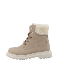 Beige Knöchelstiefel mit Wildleder-Oberfläche, Kunstfellkragen und runder Zehenpartie. Verfügt über eine Schnürung an der Vorderseite und eine dicke weiße Gummisohle.