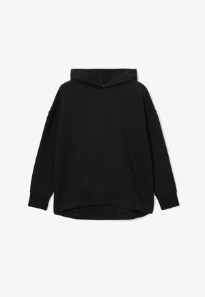 Schwarzer übergroßer Hoodie aus weichem Stoff, mit einer Fronttasche, langen Ärmeln und einer Kapuze mit Kordelzug. Glatte Textur, lässige Passform.