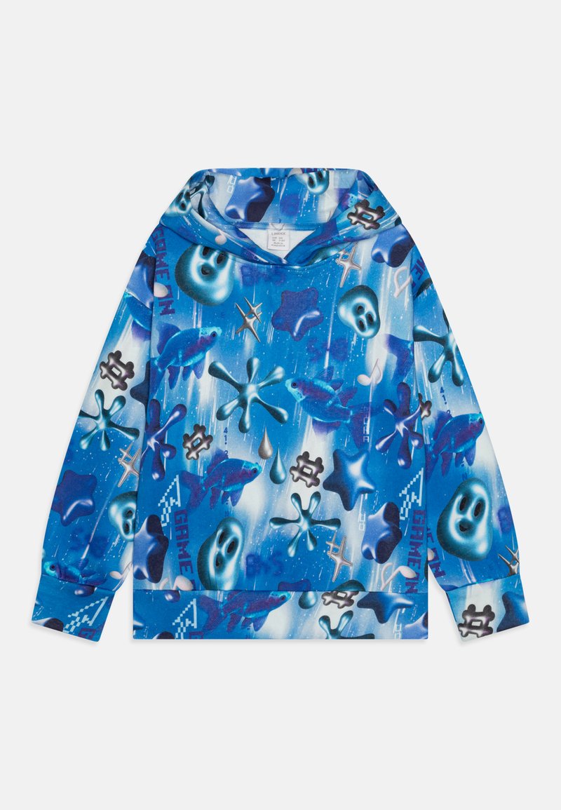 Blue hoodie featuring various graphic patterns, including fish, droplets, and abstract shapes in darker blue and black accents. Soft texture.