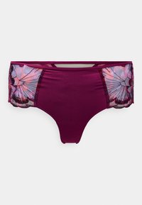 Bikini burdeos con detalles de encaje floral en los lados. Material suave, diseño de corte bajo y bordes de encaje con forma de ondas.