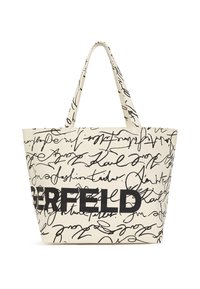 Bolso tote beige con script manuscrito en negro y "BERFELD" en letras negritas. Presenta dos asas resistentes, un interior espacioso y está hecho de material textil.