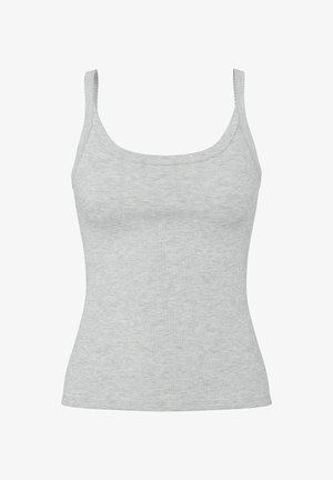 Šedý žebrovaný top na ramínka s tenkými ramenními popruhy, kulatým výstřihem a přiléhavým střihem. Vyrobeno z elastické směsi bavlny.