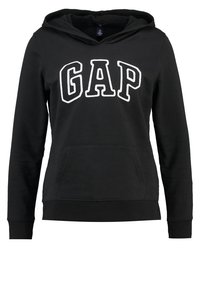Černá mikina s kapucí a přední kapsou, s bílým logem "GAP" na hrudi. Dlouhé rukávy a kapuce na stahování. Měkká textura látky.