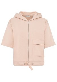 Giacca a maniche corte con cappuccio e zip in morbido tessuto rosa. Caratterizzata da una tasca frontale, orlo regolabile con laccio e una texture liscia.