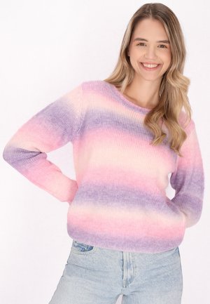 Pastelowy sweter z gradientowymi paskami w odcieniach różu, lawendy i fioletu. Miękka dzianina, okrągły dekolt, długie rękawy i luźny krój.