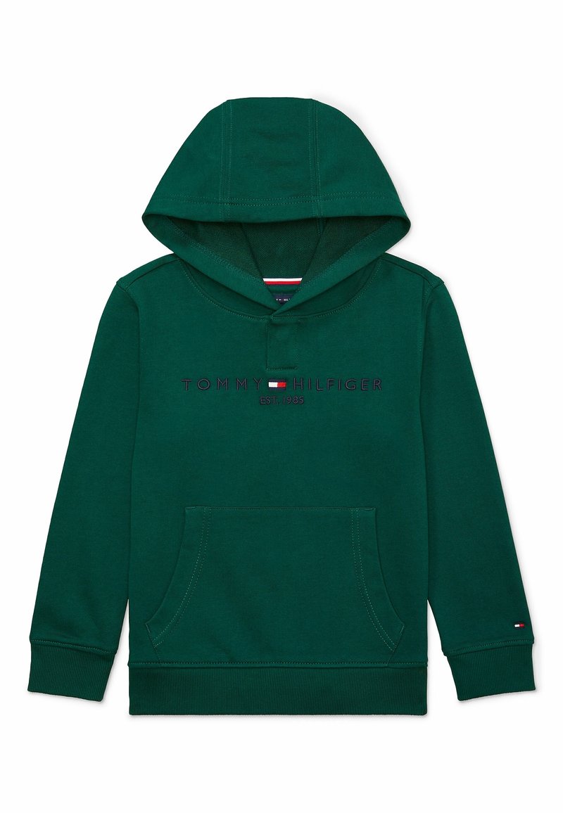 Felpa con cappuccio verde scuro, tasca frontale, polsini a coste e ricamo "Tommy Hilfiger EST.1985" sul petto con piccolo logo.