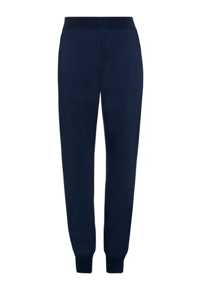 Marineblauwe sweatpants van zacht materiaal met een geribde tailleband en boorden. Recht model zonder zichtbare patronen of accenten.