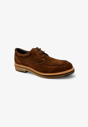 Bruine suède veterschoen met een ronde neus, beige stiksels en een gestructureerde zool. Heeft een lage hak en een gladde binnenvoering.