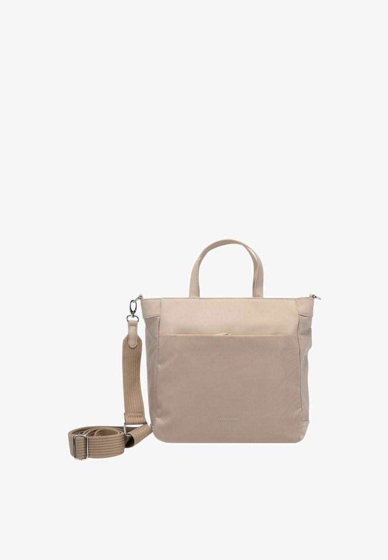 Borsa a tracolla sintetica beige con doppi manici superiori e una tracolla rimovibile. Presenta una tasca frontale con zip e una finitura testurizzata.