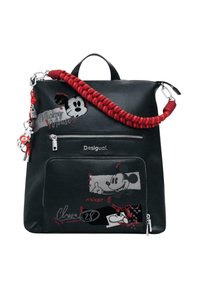 Black backpack with red braided strap, front zip pockets, and Mickey Mouse graphic and logo prints, branded "Desigual."