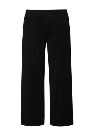 Black, wide-leg pants with an elastic waistband. Made of textured fabric that features subtle shine, providing a smooth, flowing silhouette.