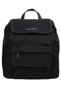 Black nylon backpack with a flap closure, featuring a front pocket with zipper, and logo on the upper front. Textured surface, minimalist design.