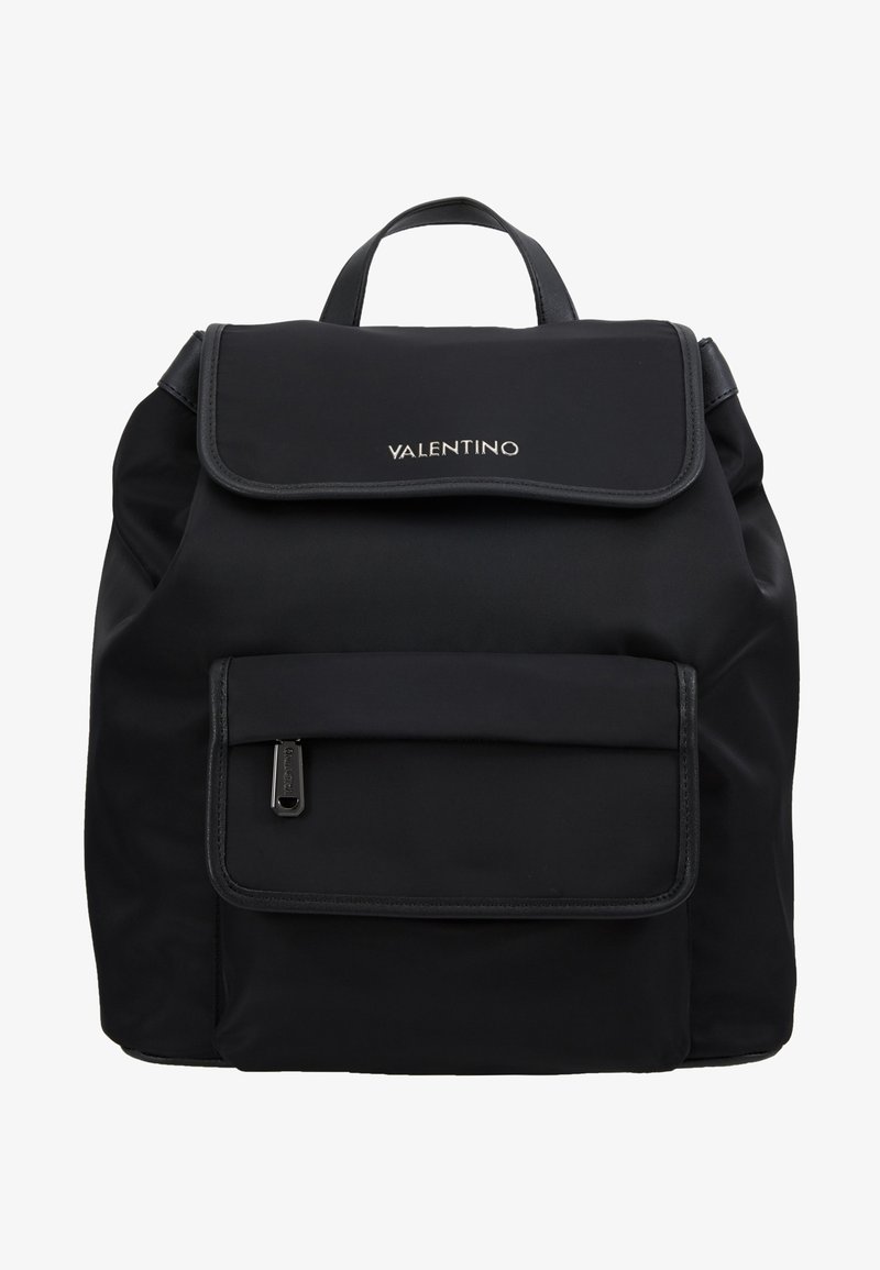 Black nylon backpack with a flap closure, featuring a front pocket with zipper, and logo on the upper front. Textured surface, minimalist design.